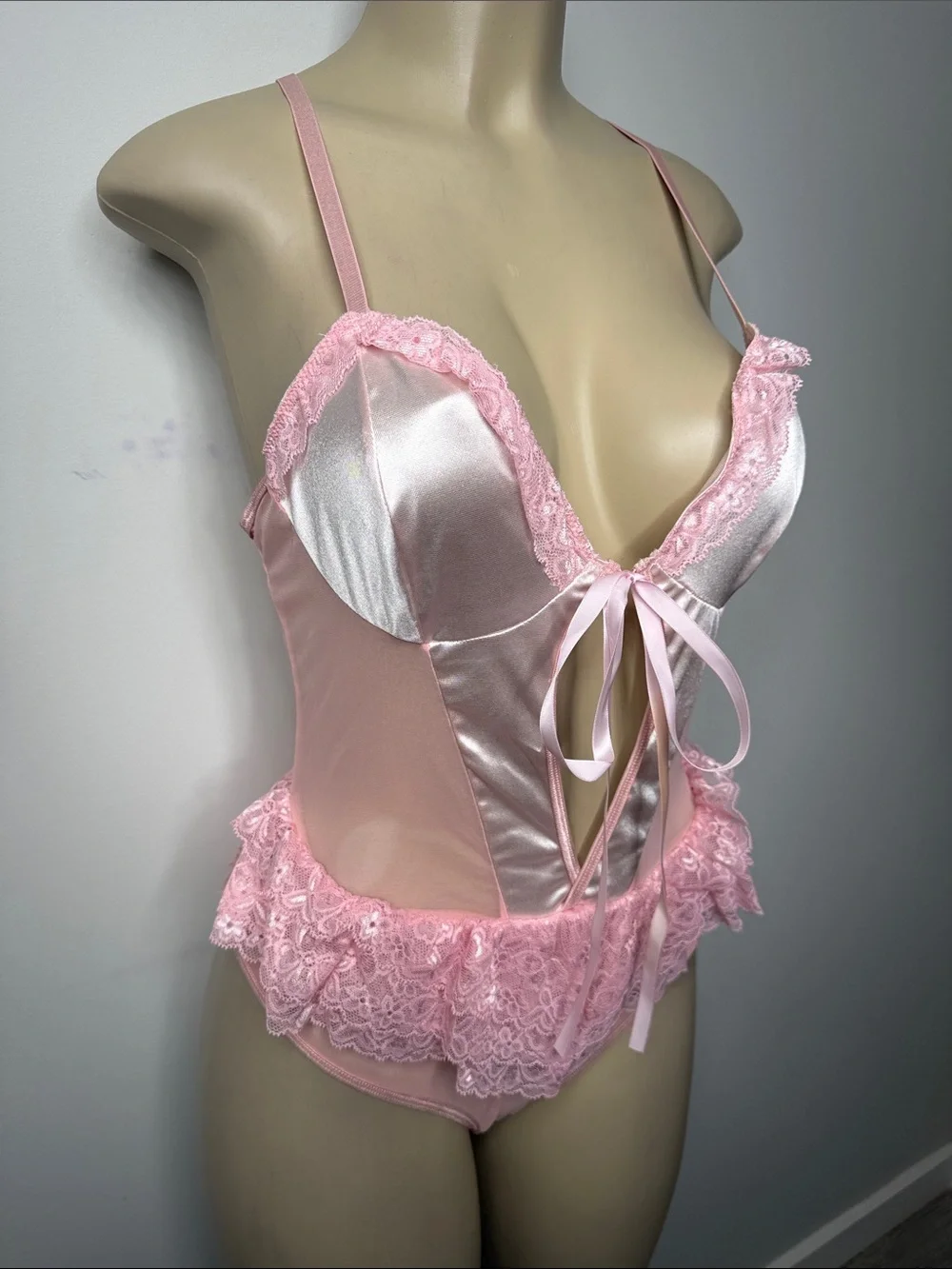 Delicate Pink Satin & Lace Teddy Bodysuit